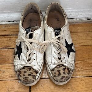 Golden Goose White Leather Sneakers with Black Star and Leopard Toe